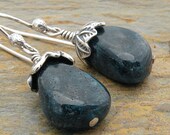 Earrings: Sterling Silver and Teal Stones, Deep Teal Blue, Apatite Nugget, Sterling Leaf Caps