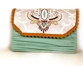 The Embroidery Clutch - Teal, white, and grey hand embroidery formal clutch