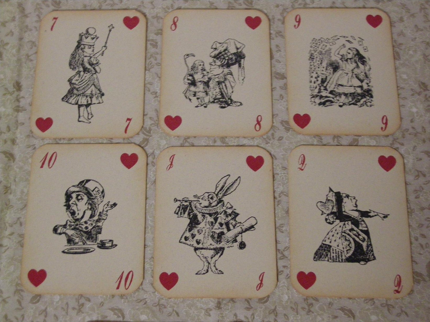 Alice in Wonderland Playing Cards - ephemera, vintage style, shabby chic style, red queen, heart, white rabbit, mad hatter, cheshire cat