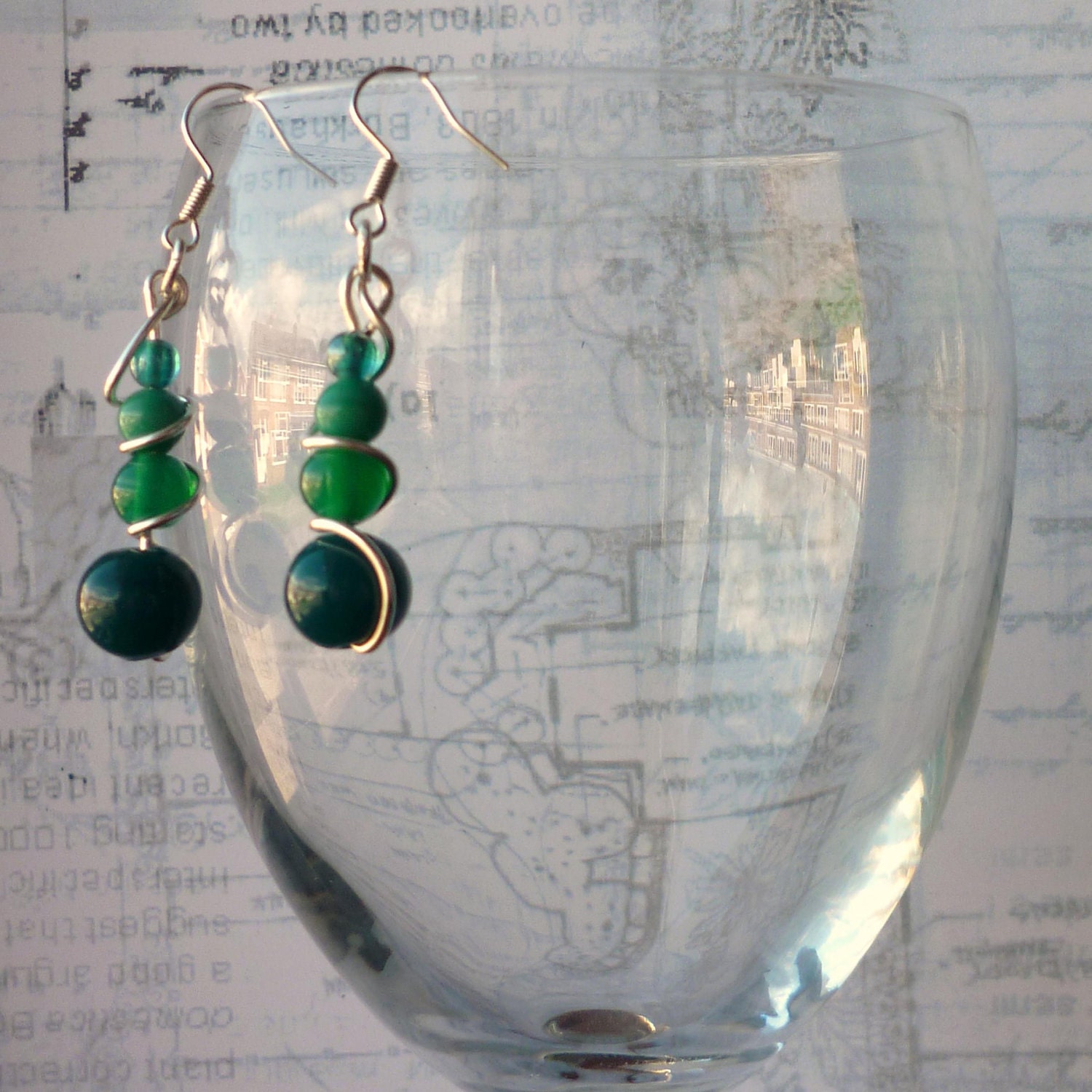 Green Beaded and Silver Plated Wire Wrapped "Tide" Earrings