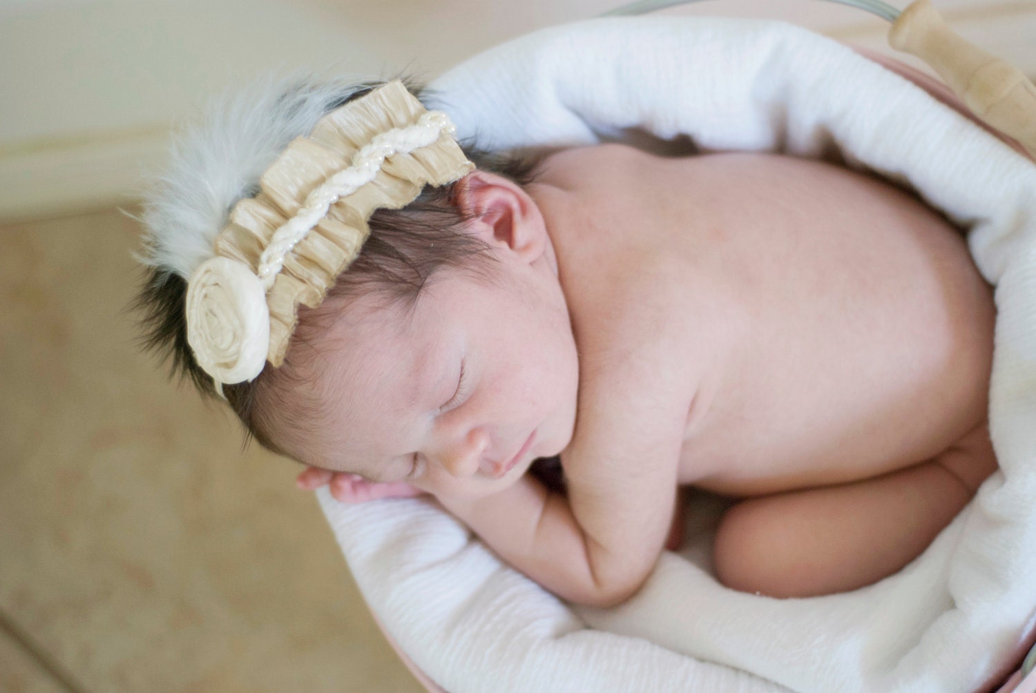 Vintage Glamour Babe Double Ruffle and Rosettes with Braided Pearl Trim and Feather Accent Infants, Babies or Adults