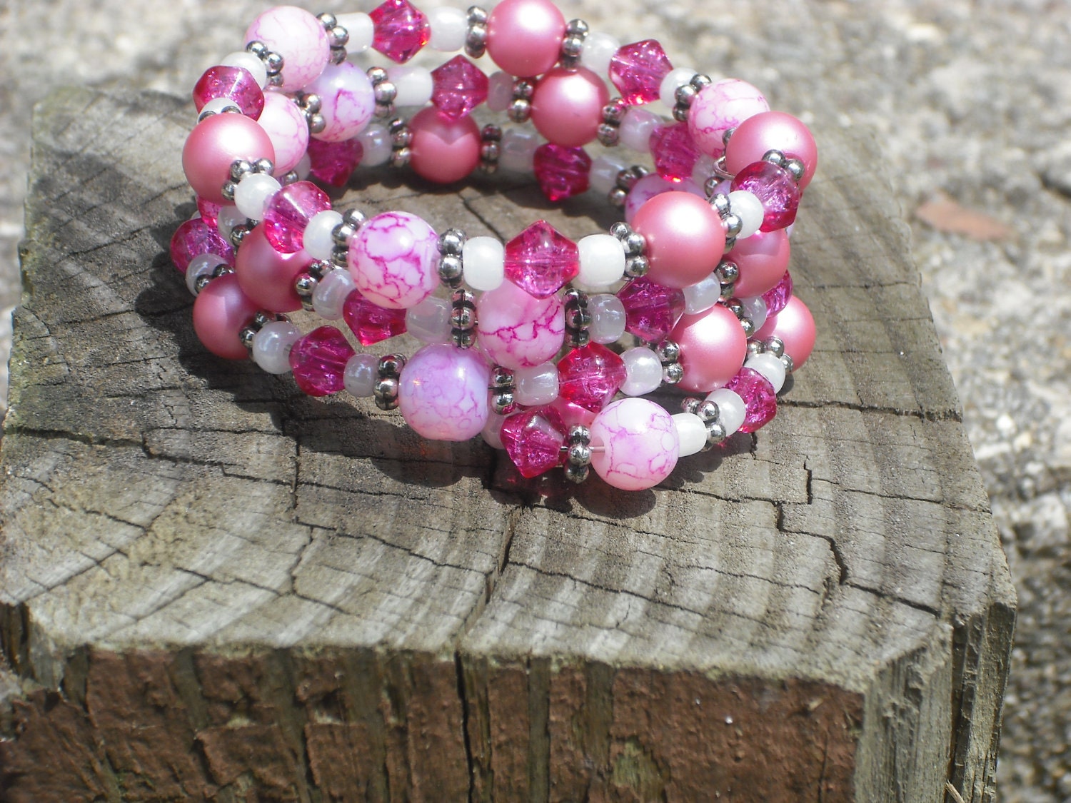Pink Glass Bead Memory Wire Bracelet