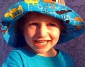 Aqua Blue Cars/ Sage Solid: Reversible Sun Hat - MEDIUM