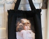 Black 100% Linen Handmade Quality Tote/Bag with Adorable LIttle Girl Image