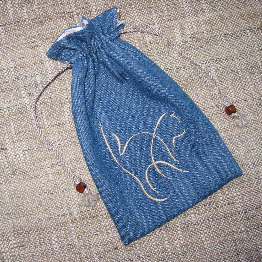 Tiny Tote Pouch Organizer Embroidered Contemporary CAT Design Fabric