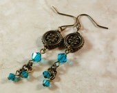 Earrings, Antique Brass, Swarovski Crystals Teal