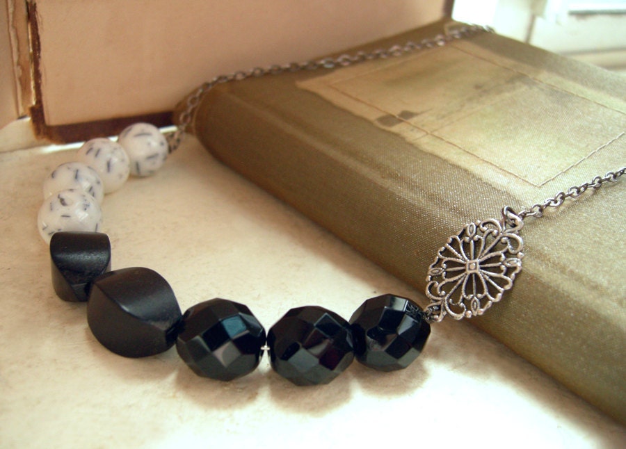 Acrylic Czech Glass, and Wood Beaded Necklace on Antiqued Silver - Dark & Light