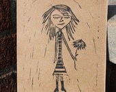 Dreamy Girl Original Linocut Print on Brown Recycled Paper