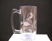 Etched walleye on beer mug