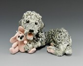 Bedlington Terrier Ornament with pink bunny toy Porcelain Sculpture