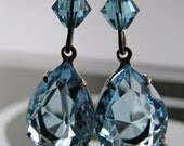 Aqua Blue Earrings Vintage Glass Jewel Tear Drop Earrings With Antiqued Brass Long Earwires