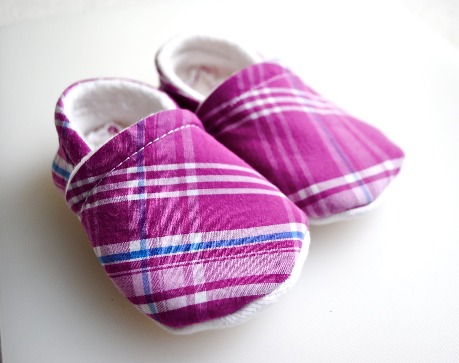 Upcycled Cloth Baby Shoes - Magenta Plaid (Ready to Ship) - bitchknits