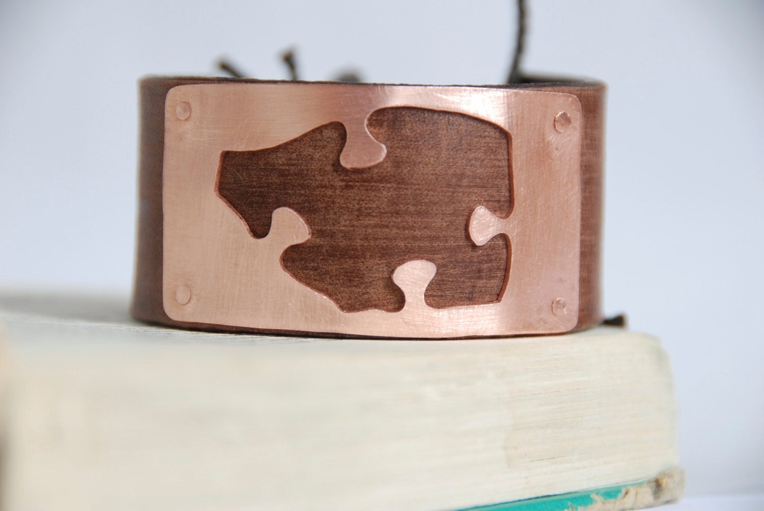 The Better Half Of Me Copper/Brass Puzzle Piece Upcycled Leather Bracelet