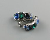 Lisner Blue and Green Semi Hoop Rhinestone Earrings