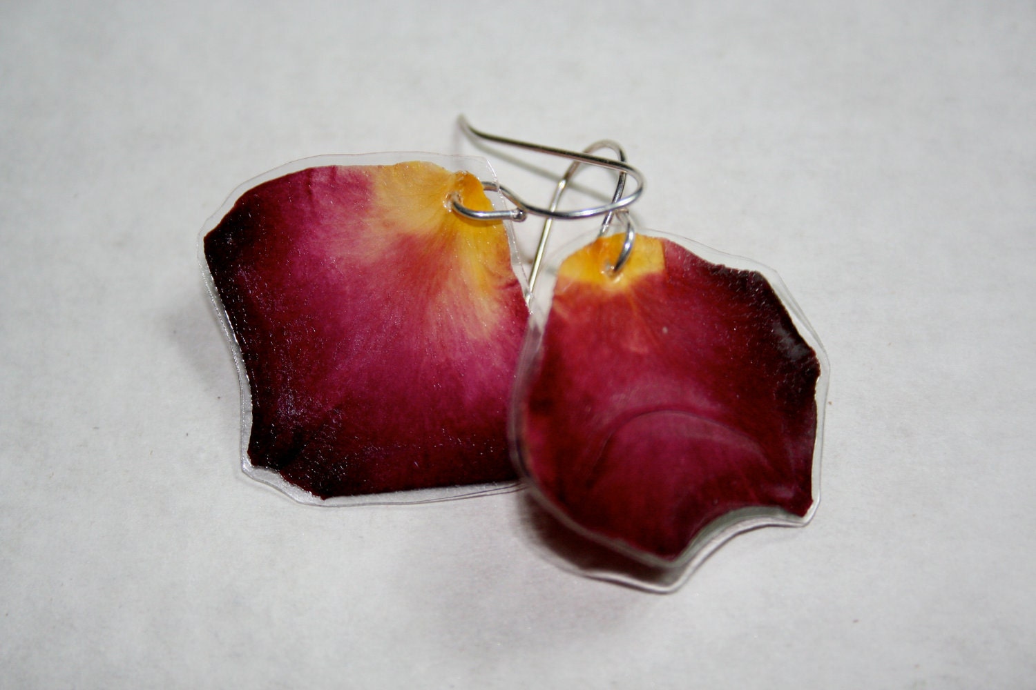 Red and yellow large rose petal earrings