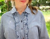 1970s vintage BLUE and white GINGHAM print RUFFLE country girl shirt