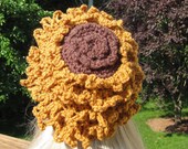 Sunflower Crochet Hat - Loopy Shaggy Flower Hat Vegan Ladies, Women Retro Ready to Ship Hand made KW28