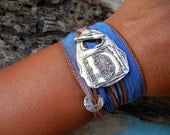 A B C D E F G H I J K L M N O P Q R S T U V W X Y Z Monogram Silk Ribbon Bracelets, Custom Capital Letter Monogram, Silver Toggle Wrist Wrap