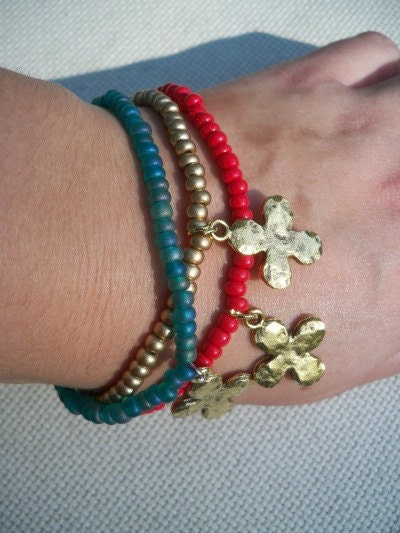 Gold Hammered Cross Bracelet- Pick Your Color
