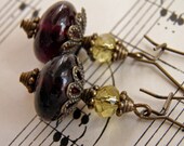 Vintage Style Purple Earrings with Olive Green Faceted Glass Beads & Antique Brass Filigree Long Drop Earrings