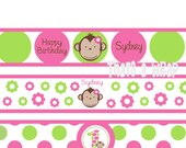 Girl Mod Monkey Custom Birthday Party Baby Shower Party Water Bottle Labels