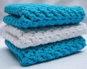 Shipping Included 3 Crocheted Cotton Dishcloths Washcloths 9X9 Hot Blue - White