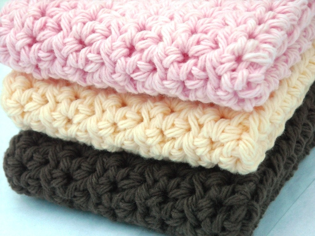 Handmade Crochet Washcloths Face Cloths Dishcloths Neopolitan Collection Set of 3