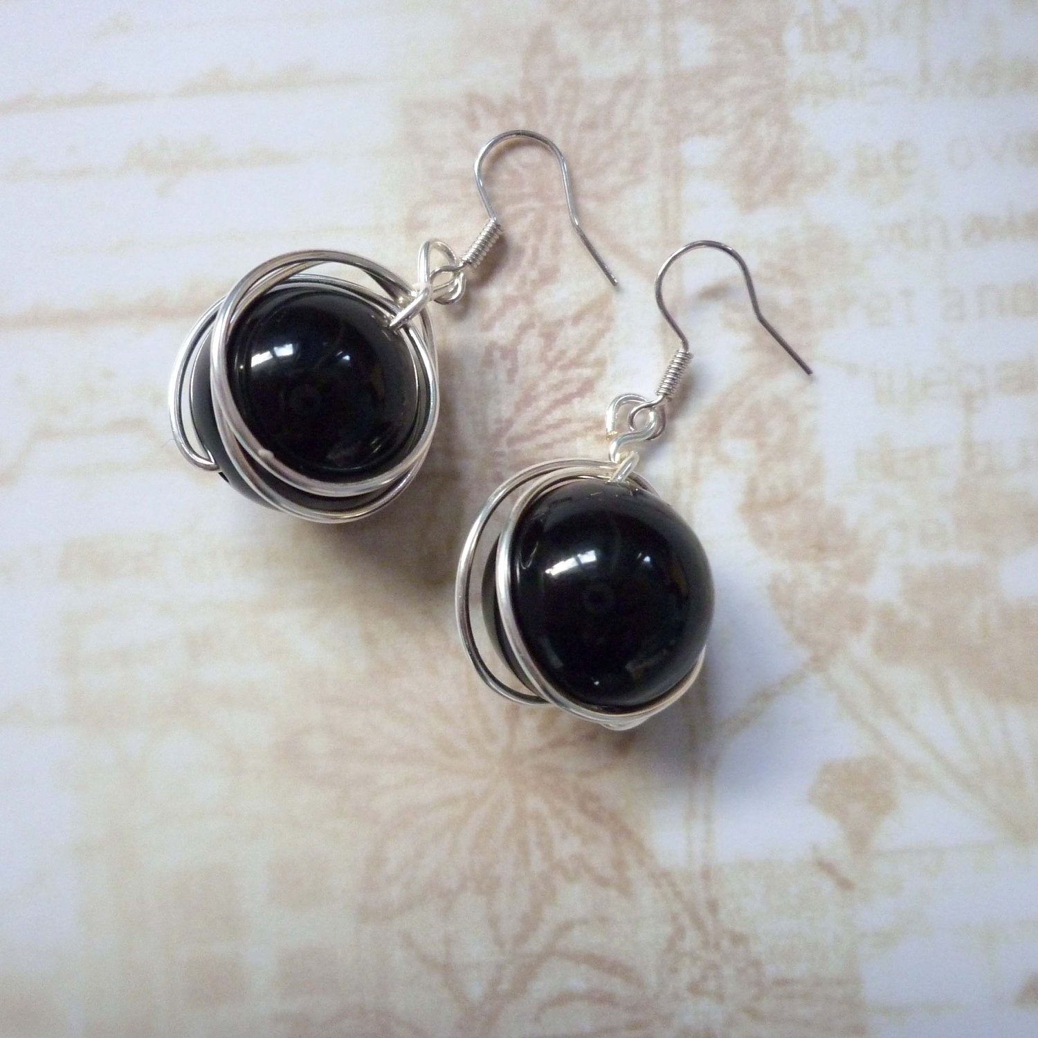 Pink or Black "Knowledge" Silver Wire Wrapped Bead Earrings on Silver Plated Earring Hooks