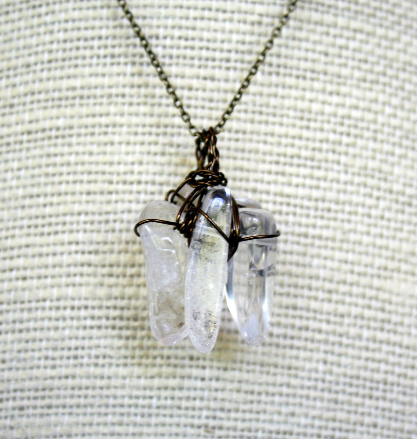 Natural Crystal Long Vintage Brass Necklace