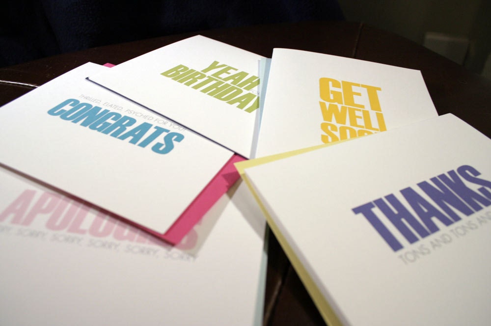 Variety Notecard Set with Color Envelopes - Yeah Birthday, Thanks, Sorry, Get Well Soon, Congrats - Folded Greeting Card Set