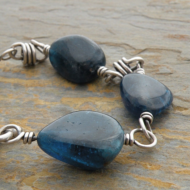 Teal Blue Bracelet: Gemstones, Apatite, Sterling Silver, Apatite, Oxidized, Wire Wrapped