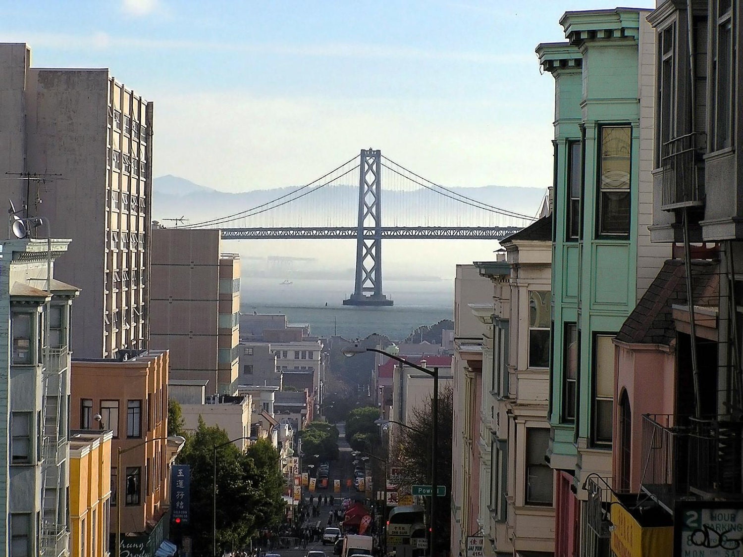 Fog Rolling in through the Streets of San Francisco w/ the Bay Bridge, San Fran, CA - 16x20 Fine Art Print
