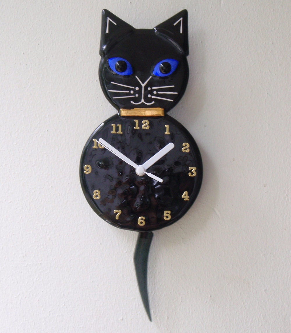 Black kitty cat clock with pendulum tail, fused glass