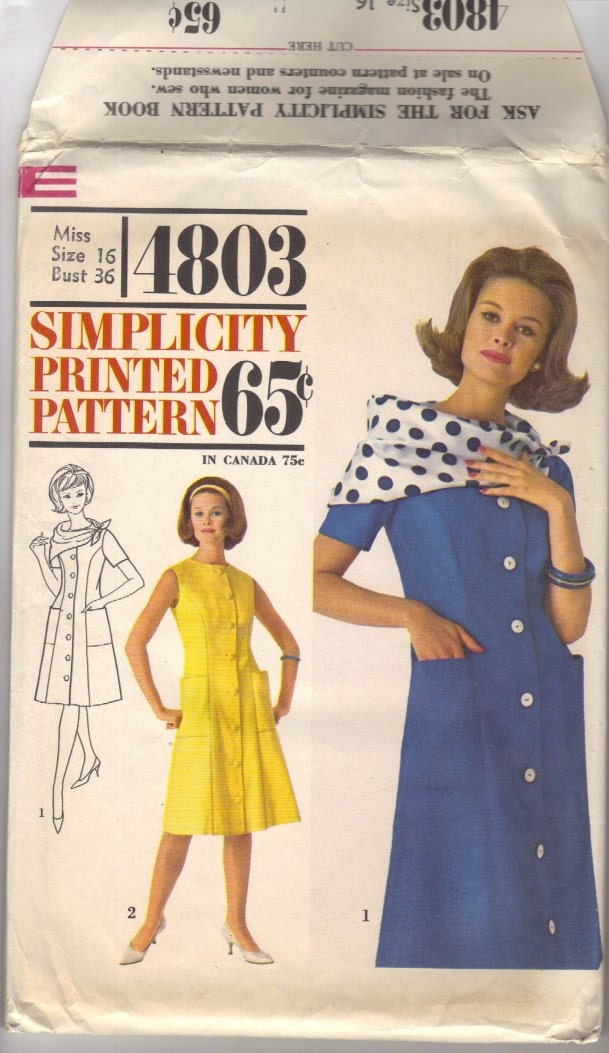 1960s Betty Draper Homemaker Dress with Patch Pockets and Scarf Sewing Pattern Bust 36
