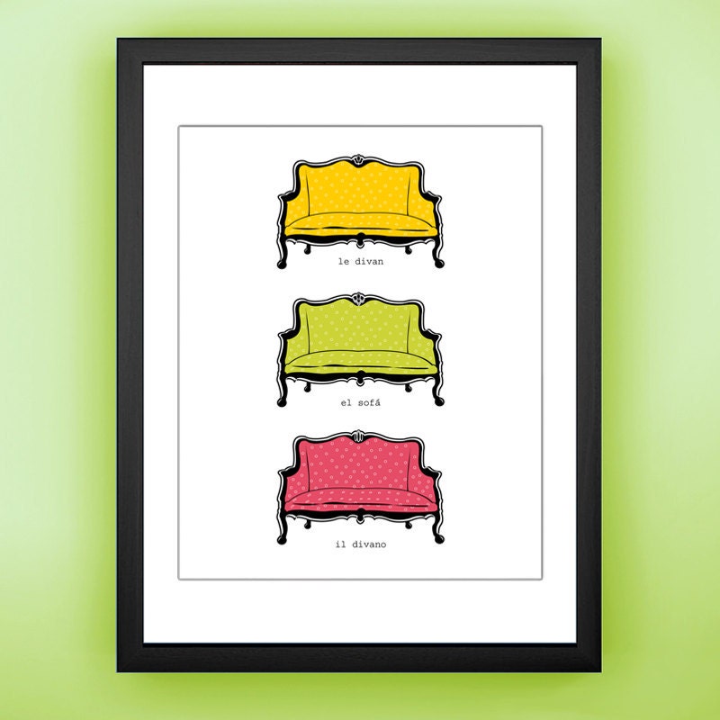 Vintage Sofa Giclee Print - Colorful 8X10 Digital Art Print