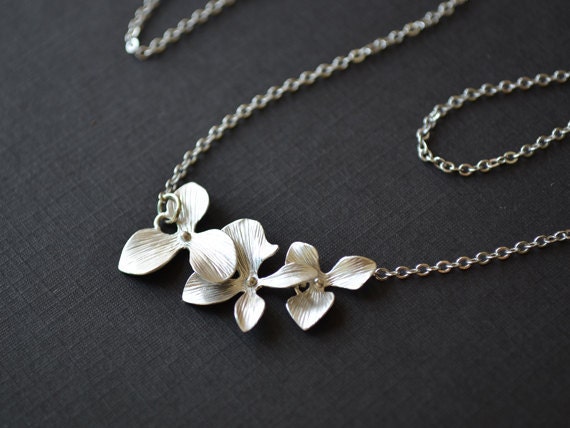 Orchid flower white gold plated necklace.