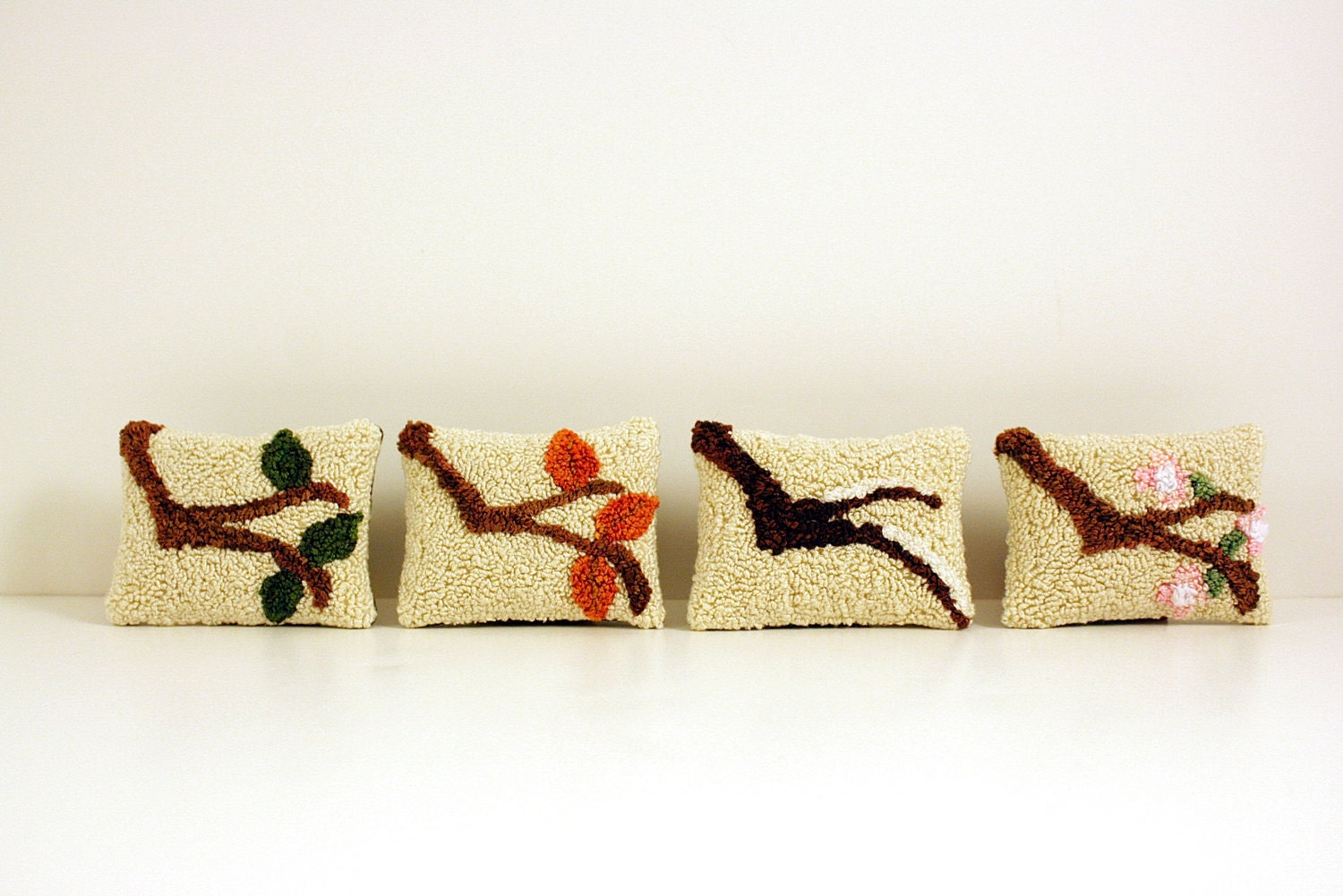 All Four Seasons - Gift Set -  Branch Punchneedle Sachet Series Leaves Blossoms Snow Woodland Theme Aromatherapy Embroidery