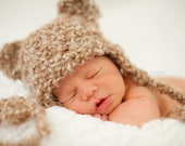 Brown Fuzzy Wuzzy Baby Bear Ear flap Hat Newborn Photo Prop- ON SALE