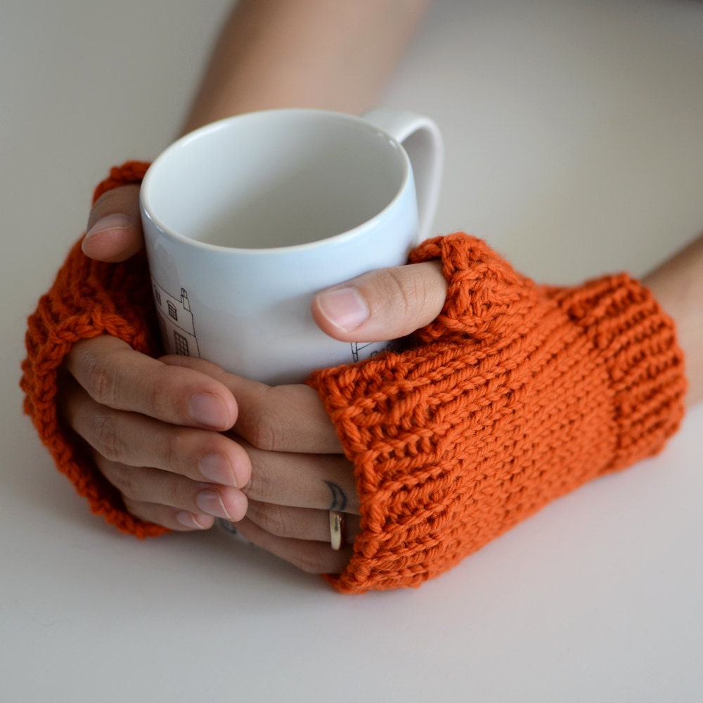 Coffee House Shortie Mitts - Fitted Fingerless Mittens / Gloves in Burnt Orange - Size Small / Medium