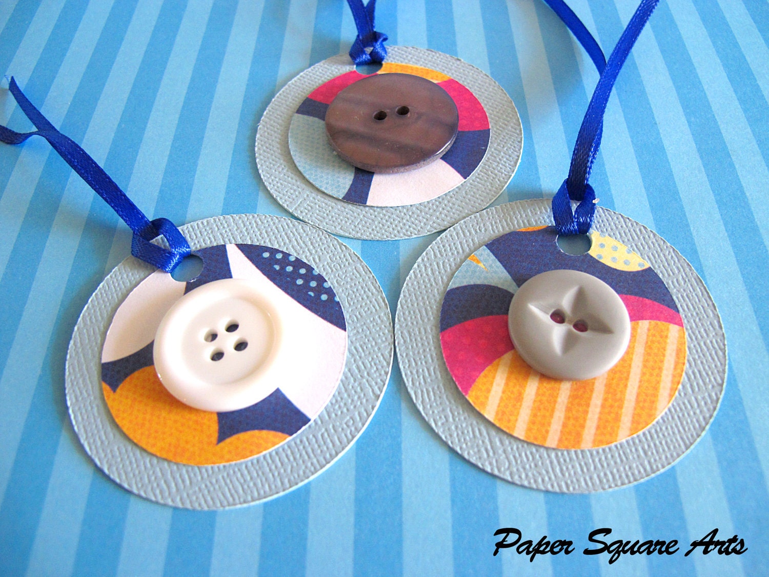 Blue and Gray Thank You Tag Set  of 3 - Round tags with buttons in gray and white hand stamped Thank You