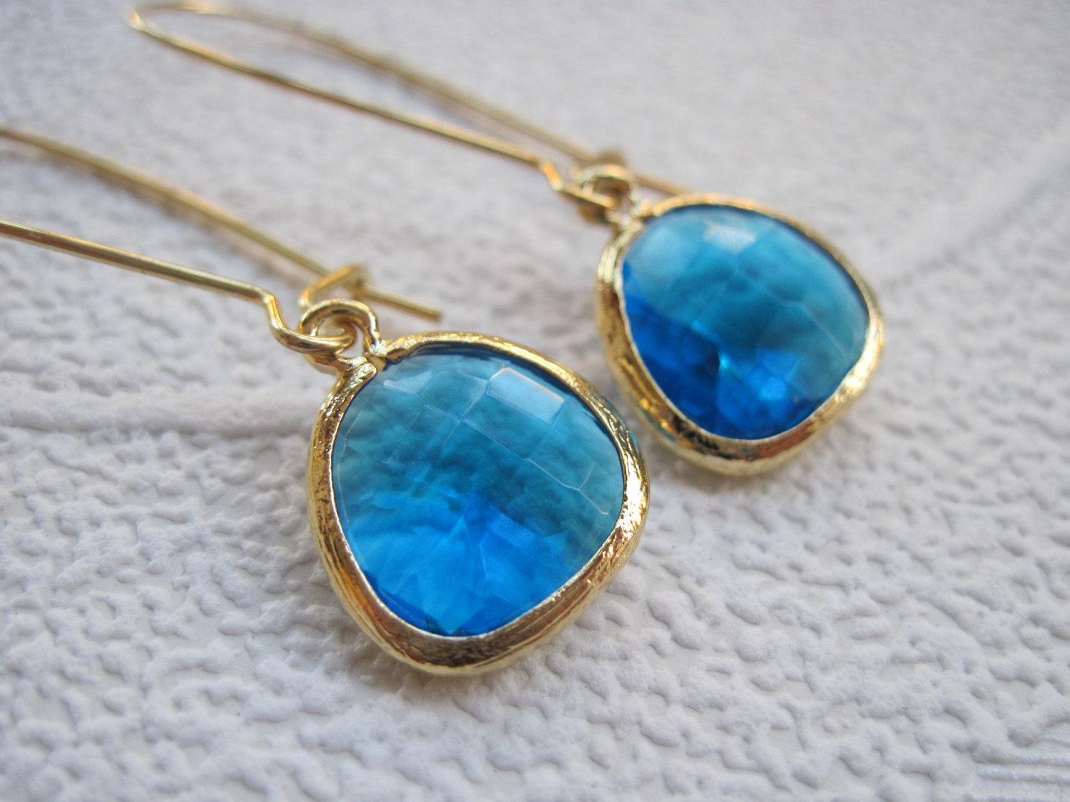 Gold Framed Blue Faceted Glass Stone Earrings