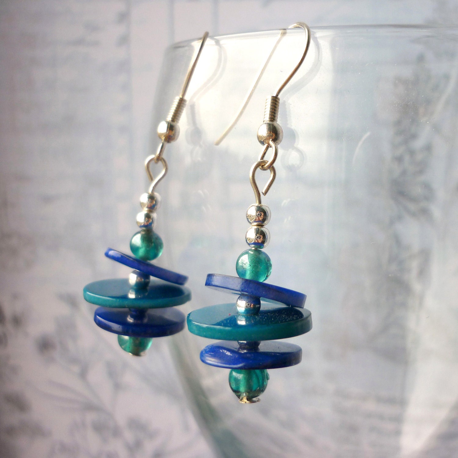 Blue and Green Disc Beaded "Pluto" Earrings with Silver Plated Earring Hooks