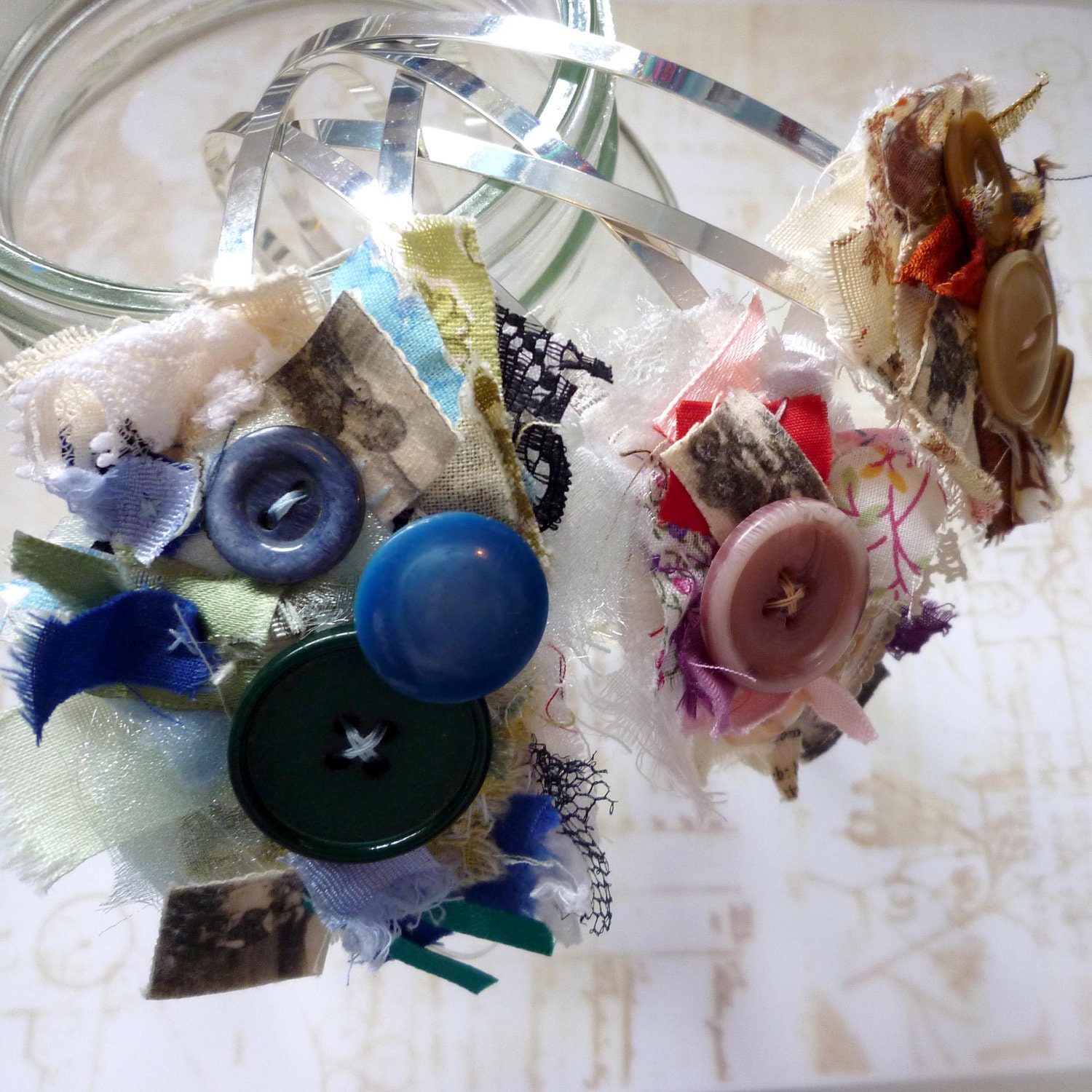Headbands in Cream, Blue or Pink: "Nests"... One of a Kind, Hand-Sewn Alice bands using Vintage Buttons and Material