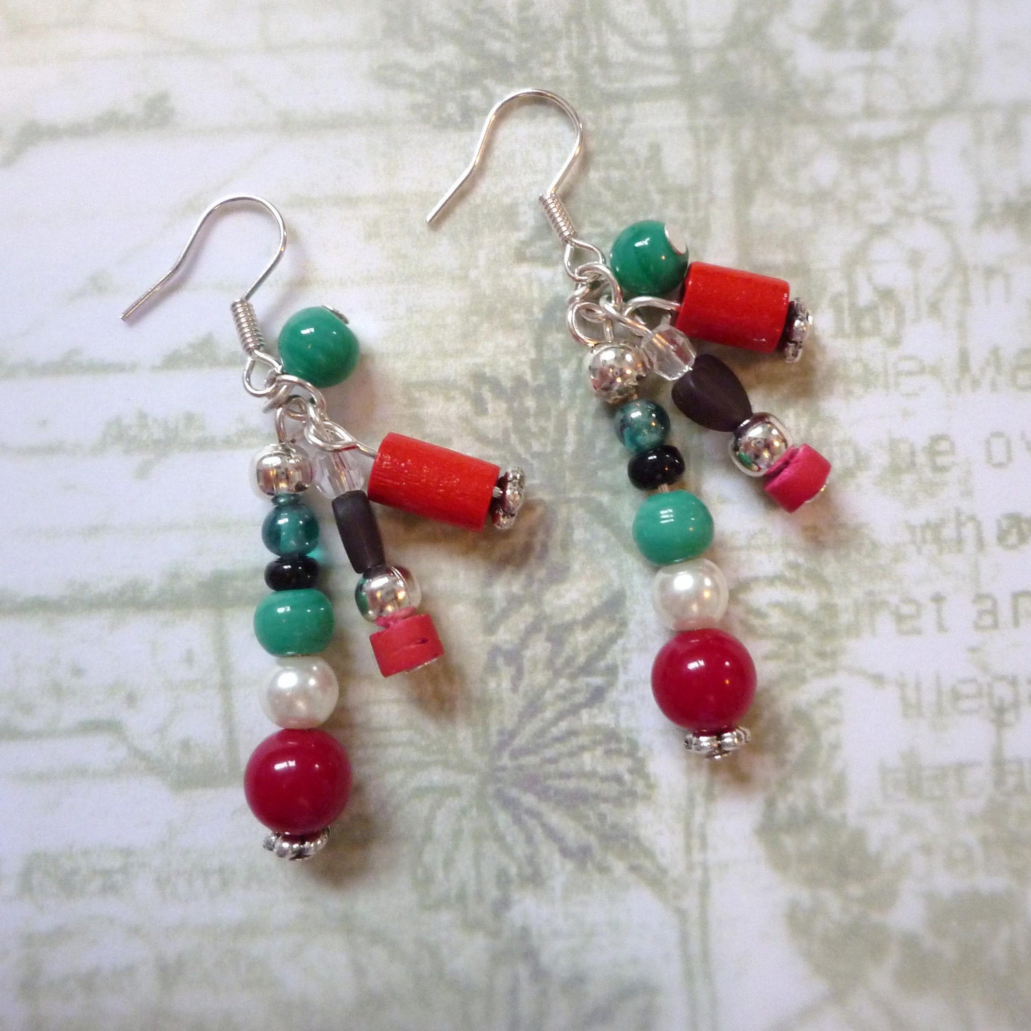 Multi-Coloured Beaded "Puppet" Earrings, Red, Green, Black, Cream and Silver