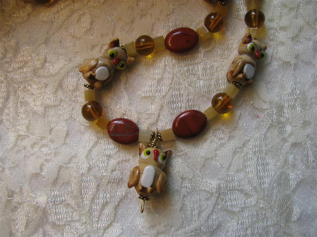 Glass Owls, Red Jasper and Yellow Jade Necklace