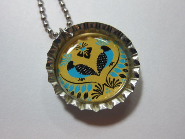 Bottlecap Necklace - Folk Style Birds