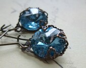 Blue Topaz Earrings Aquamarine Earrings March Birthstone Vintage Style Crystal Antique Brass Filigree