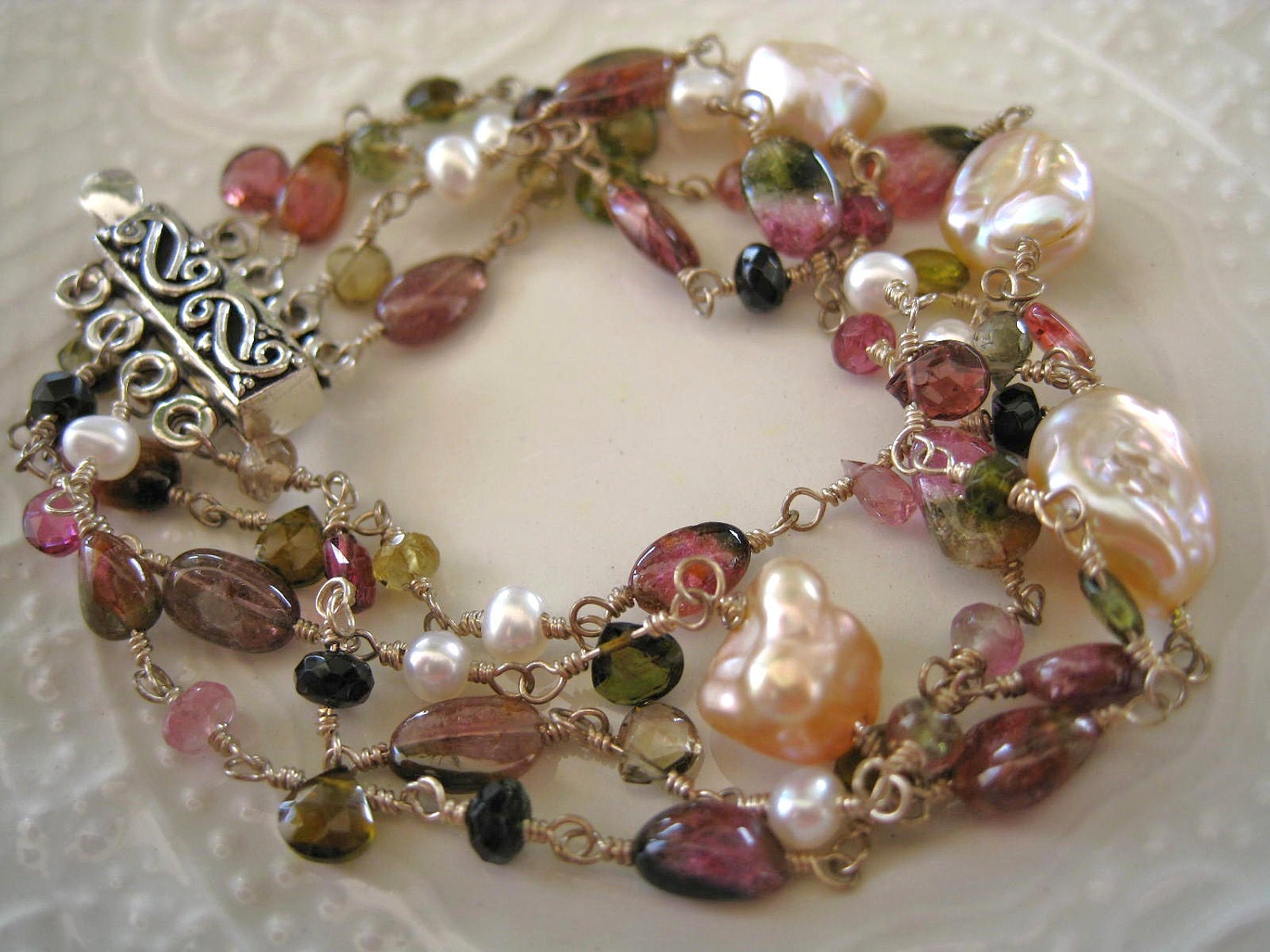 Watermelon Tourmaline, Baroque Pearl Multi strand bracelet-Enchanted Forest