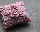 Linen  pincushion - crochet motif