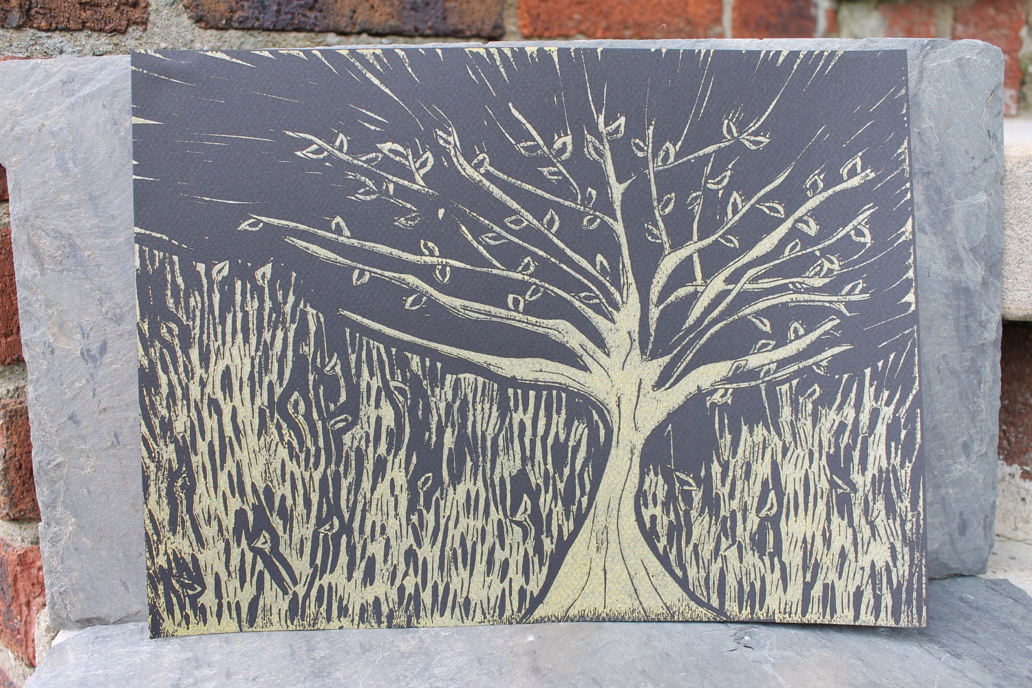 Linocut Print of Tree with Leaves